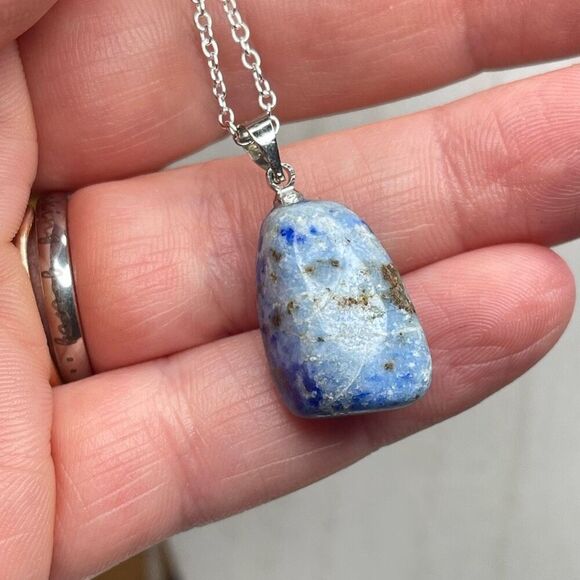Denim Lapis Lazuli tumble pendant pyrite necklace silver plated blue gold - Picture 5 of 9